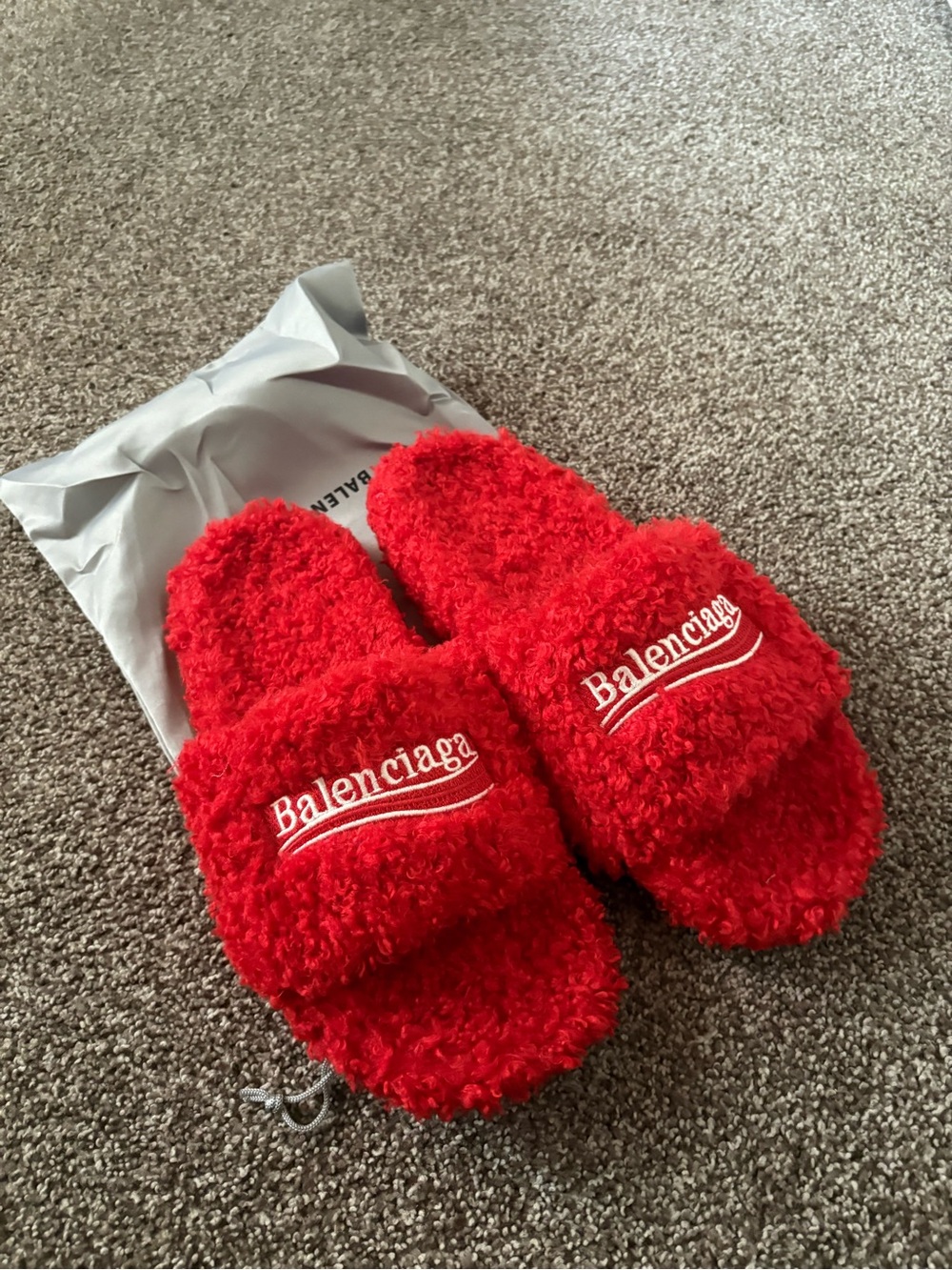 Balenciaga Red Fuzzy Slide Slippers